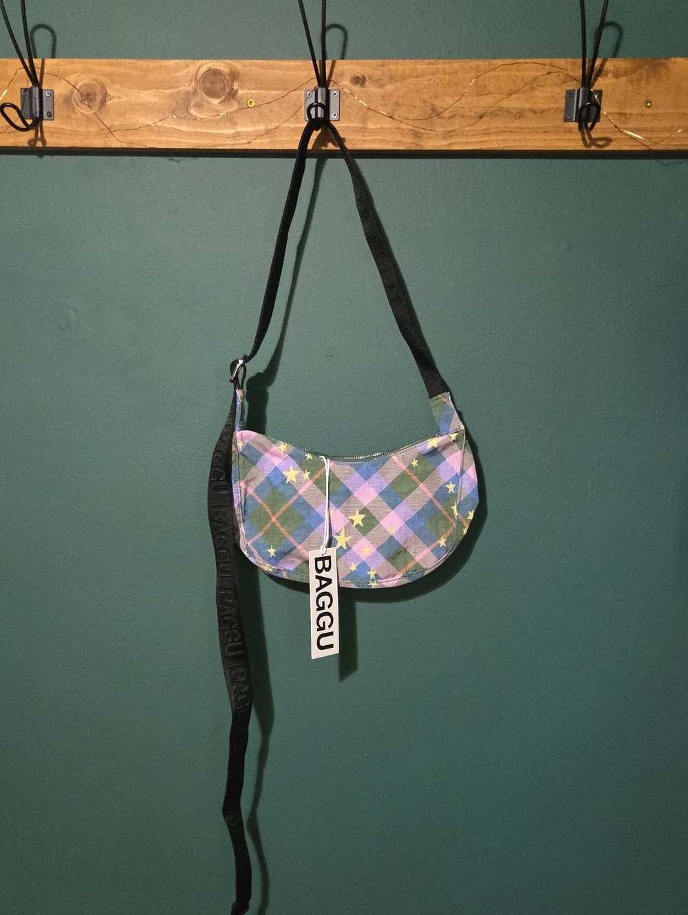 Baggu Small Nylon Crescent Shoulder Bag - Green Star Plaid NWT